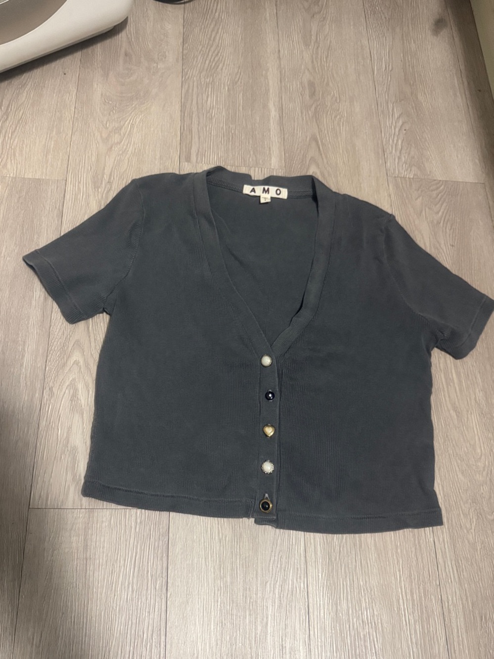 AMO Charcoal Short Sleeve Button Cardigan with Mixed Buttons